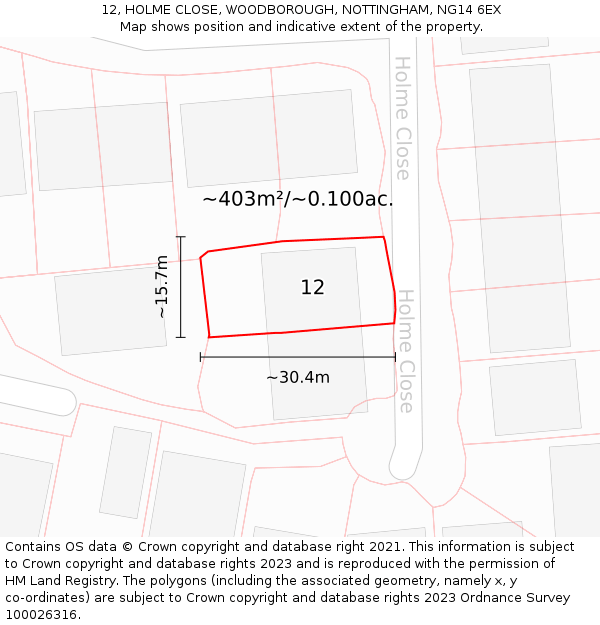 12, HOLME CLOSE, WOODBOROUGH, NOTTINGHAM, NG14 6EX: Plot and title map
