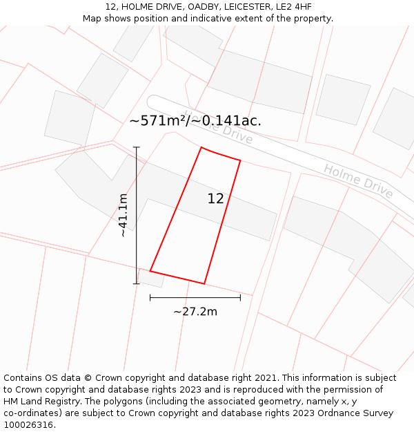 12, HOLME DRIVE, OADBY, LEICESTER, LE2 4HF: Plot and title map