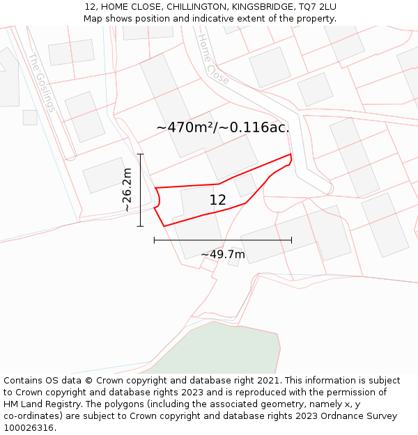 12, HOME CLOSE, CHILLINGTON, KINGSBRIDGE, TQ7 2LU: Plot and title map
