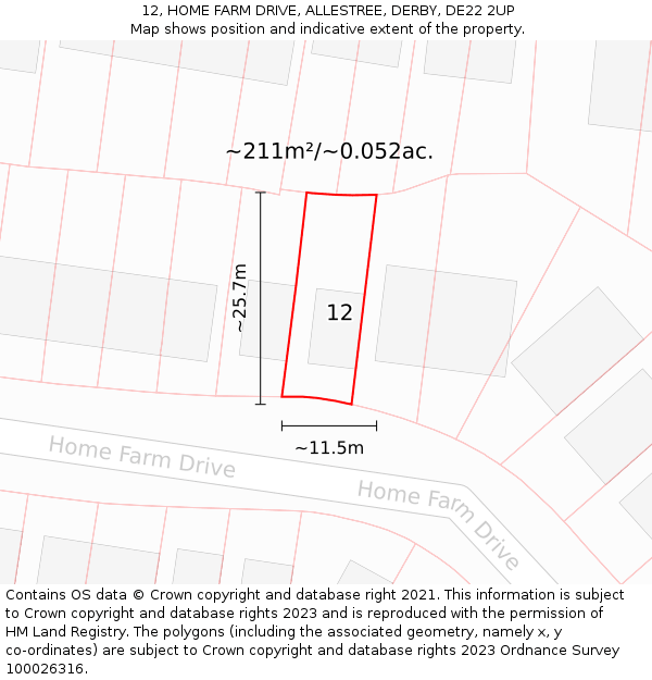 12, HOME FARM DRIVE, ALLESTREE, DERBY, DE22 2UP: Plot and title map