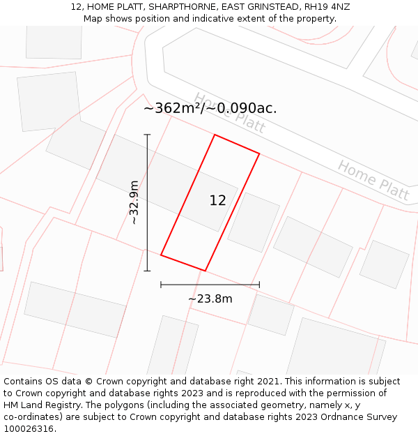 12, HOME PLATT, SHARPTHORNE, EAST GRINSTEAD, RH19 4NZ: Plot and title map