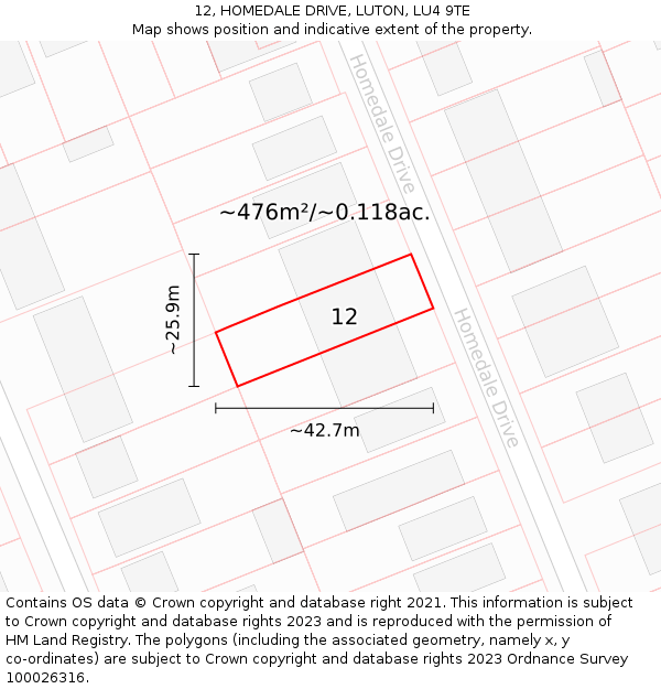 12, HOMEDALE DRIVE, LUTON, LU4 9TE: Plot and title map