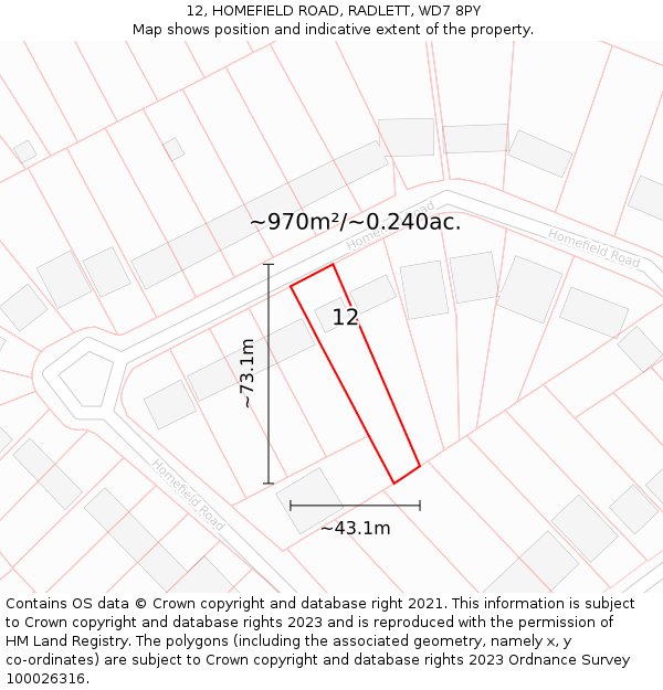 12, HOMEFIELD ROAD, RADLETT, WD7 8PY: Plot and title map