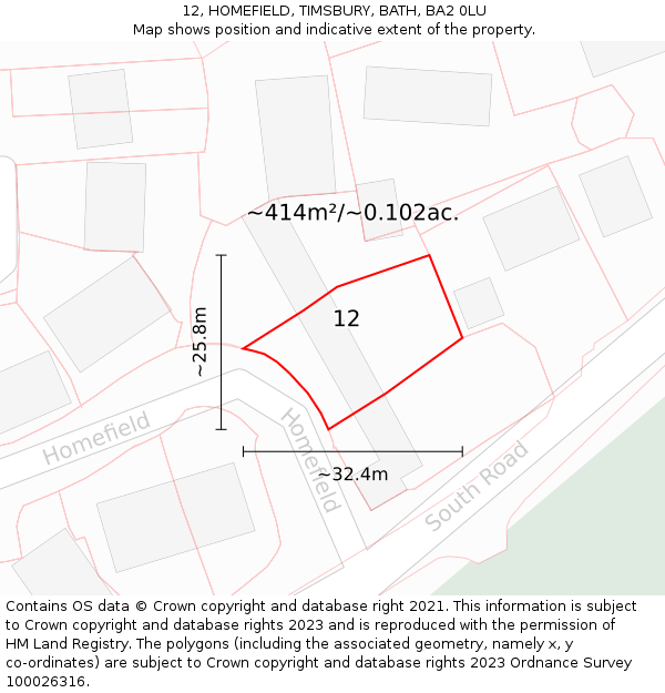 12, HOMEFIELD, TIMSBURY, BATH, BA2 0LU: Plot and title map