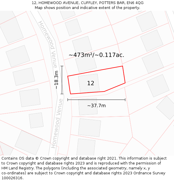 12, HOMEWOOD AVENUE, CUFFLEY, POTTERS BAR, EN6 4QG: Plot and title map