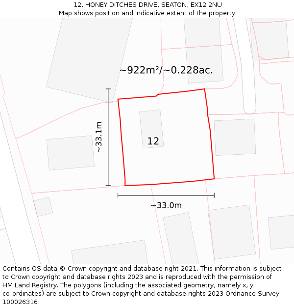 12, HONEY DITCHES DRIVE, SEATON, EX12 2NU: Plot and title map