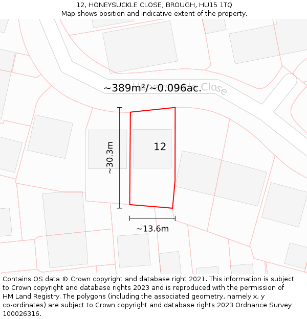 12, HONEYSUCKLE CLOSE, BROUGH, HU15 1TQ: Plot and title map