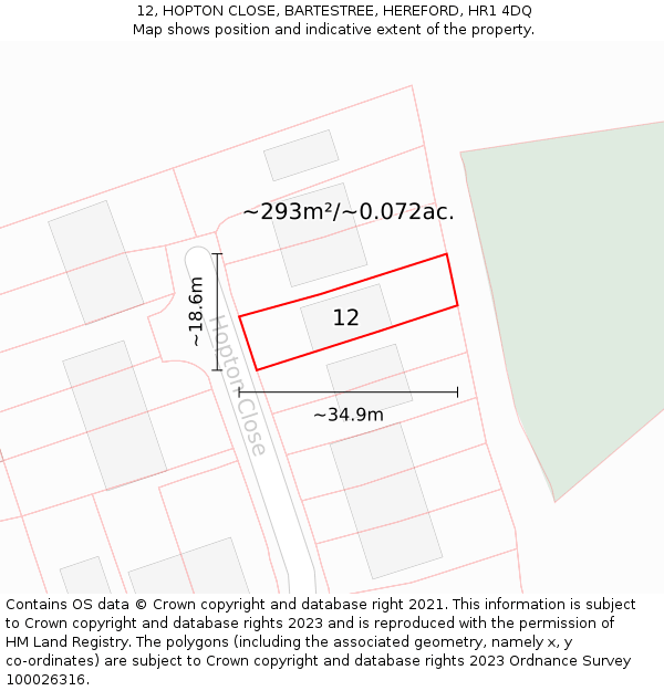 12, HOPTON CLOSE, BARTESTREE, HEREFORD, HR1 4DQ: Plot and title map