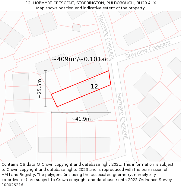 12, HORMARE CRESCENT, STORRINGTON, PULBOROUGH, RH20 4HX: Plot and title map