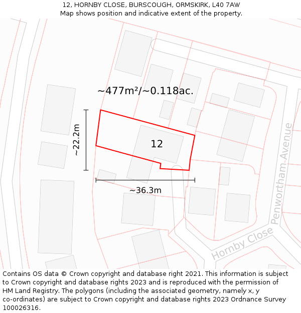 12, HORNBY CLOSE, BURSCOUGH, ORMSKIRK, L40 7AW: Plot and title map