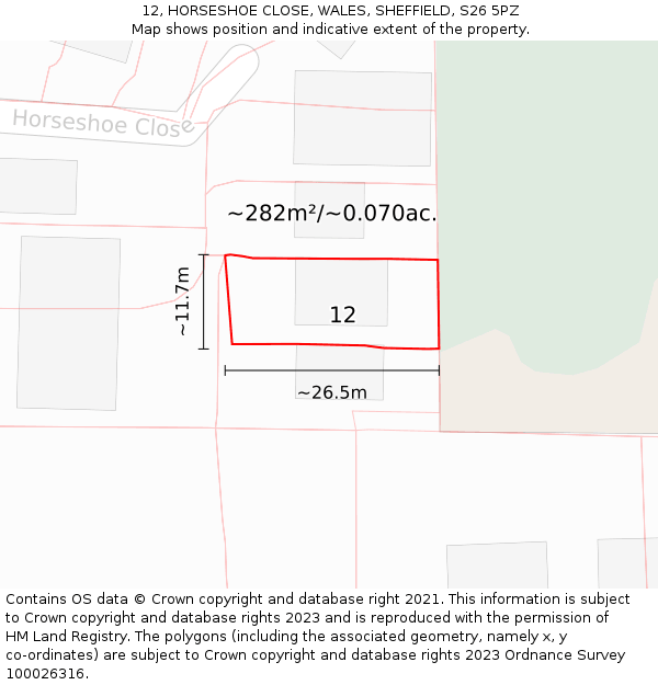 12, HORSESHOE CLOSE, WALES, SHEFFIELD, S26 5PZ: Plot and title map