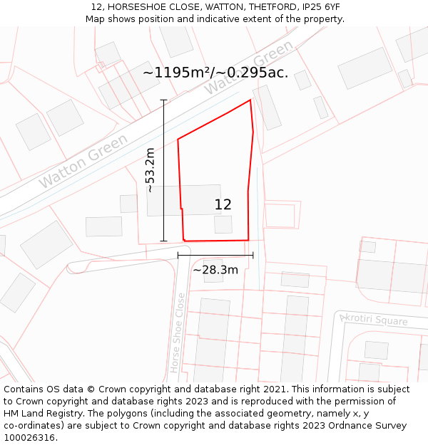 12, HORSESHOE CLOSE, WATTON, THETFORD, IP25 6YF: Plot and title map