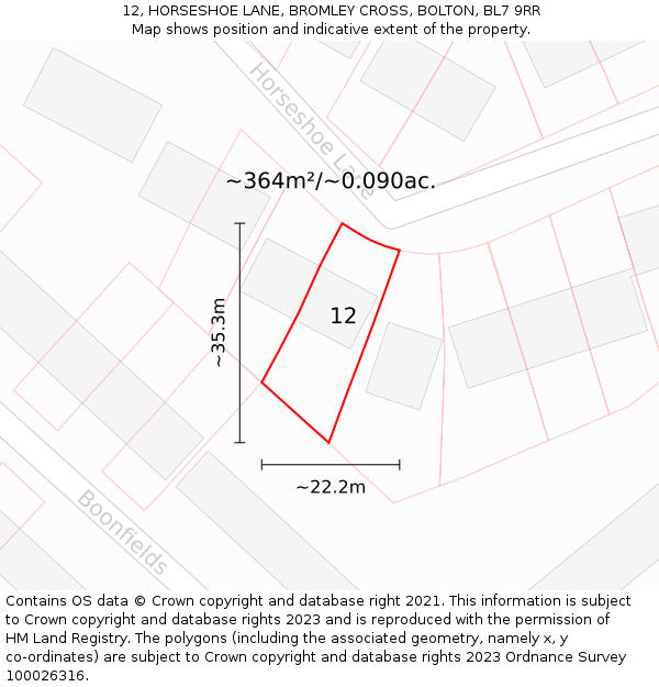 12, HORSESHOE LANE, BROMLEY CROSS, BOLTON, BL7 9RR: Plot and title map