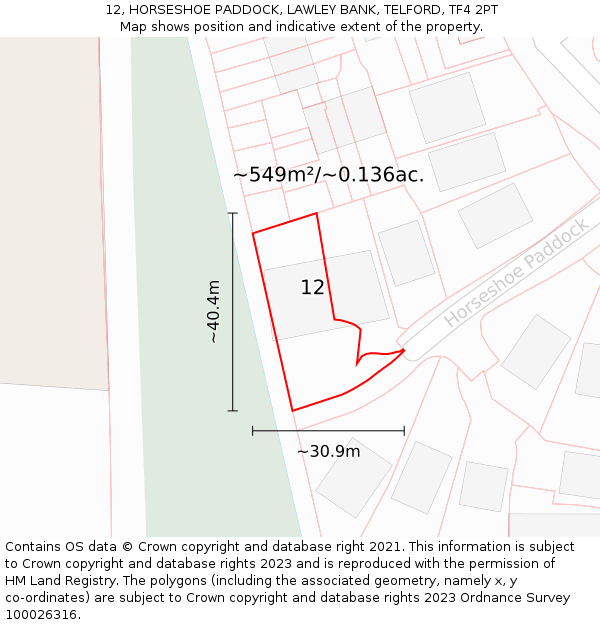 12, HORSESHOE PADDOCK, LAWLEY BANK, TELFORD, TF4 2PT: Plot and title map