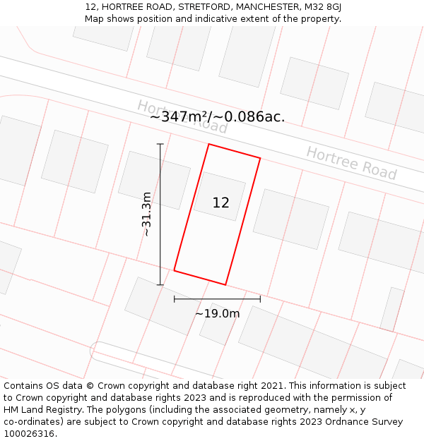 12, HORTREE ROAD, STRETFORD, MANCHESTER, M32 8GJ: Plot and title map