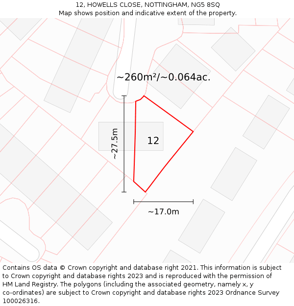 12, HOWELLS CLOSE, NOTTINGHAM, NG5 8SQ: Plot and title map