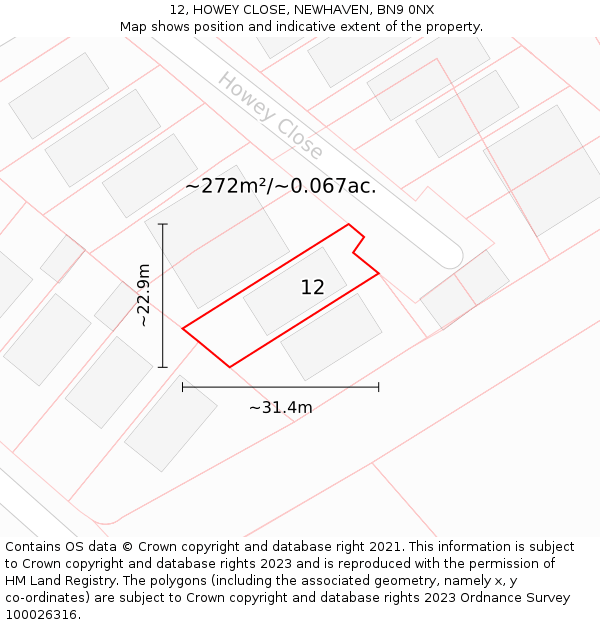 12, HOWEY CLOSE, NEWHAVEN, BN9 0NX: Plot and title map