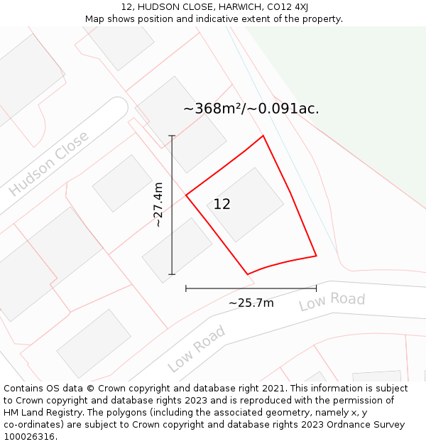 12, HUDSON CLOSE, HARWICH, CO12 4XJ: Plot and title map