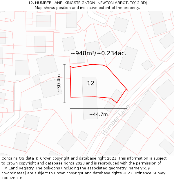 12, HUMBER LANE, KINGSTEIGNTON, NEWTON ABBOT, TQ12 3DJ: Plot and title map
