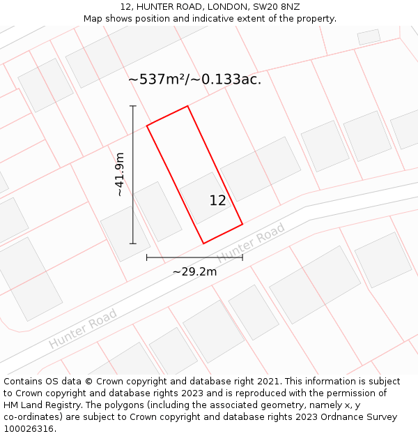 12, HUNTER ROAD, LONDON, SW20 8NZ: Plot and title map