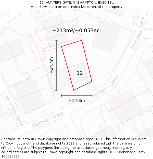 12, HUNTERS GATE, OKEHAMPTON, EX20 1SU: Plot and title map