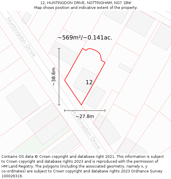 12, HUNTINGDON DRIVE, NOTTINGHAM, NG7 1BW: Plot and title map