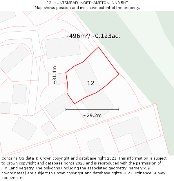 12, HUNTSMEAD, NORTHAMPTON, NN3 5HT: Plot and title map