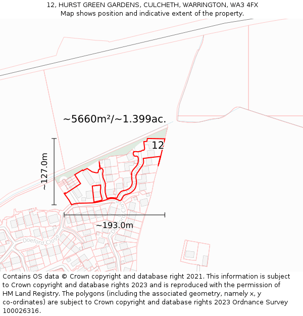 12, HURST GREEN GARDENS, CULCHETH, WARRINGTON, WA3 4FX: Plot and title map