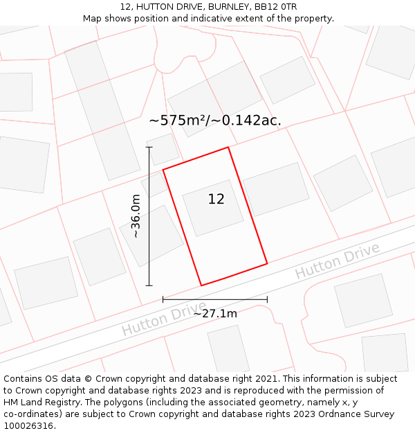 12, HUTTON DRIVE, BURNLEY, BB12 0TR: Plot and title map