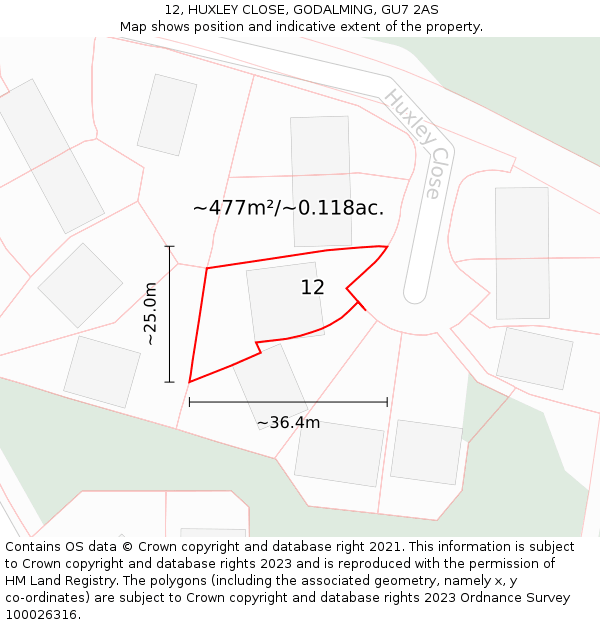 12, HUXLEY CLOSE, GODALMING, GU7 2AS: Plot and title map