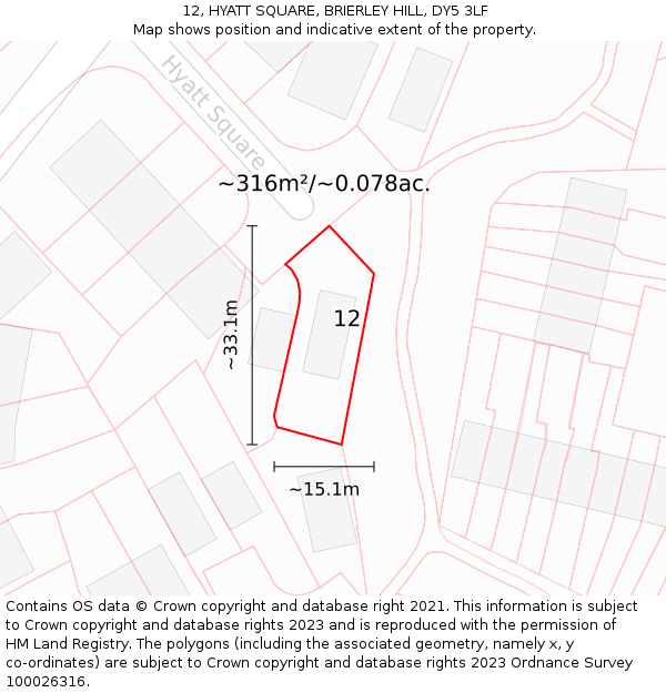 12, HYATT SQUARE, BRIERLEY HILL, DY5 3LF: Plot and title map