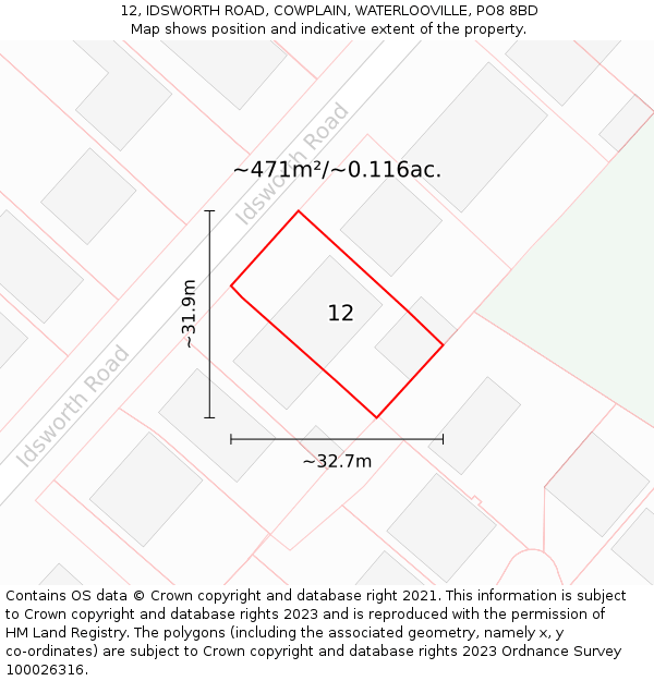 12, IDSWORTH ROAD, COWPLAIN, WATERLOOVILLE, PO8 8BD: Plot and title map