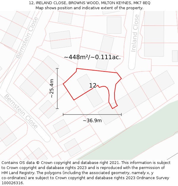 12, IRELAND CLOSE, BROWNS WOOD, MILTON KEYNES, MK7 8EQ: Plot and title map