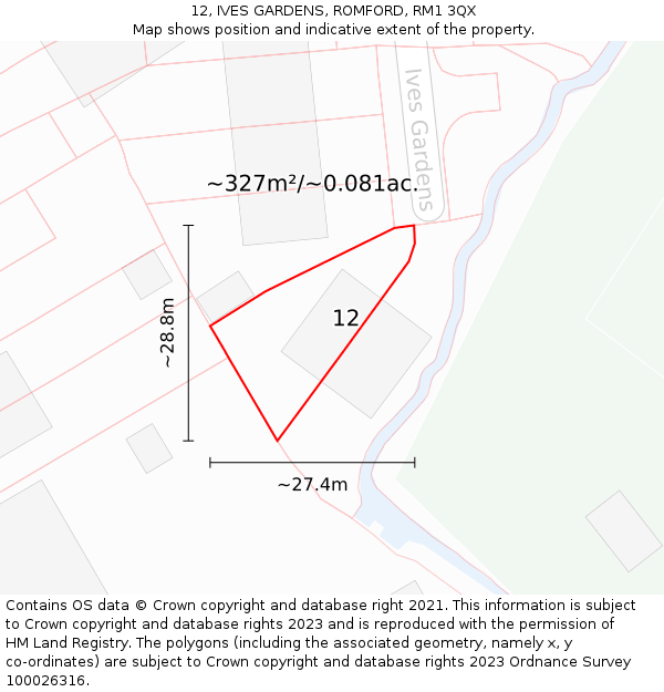 12, IVES GARDENS, ROMFORD, RM1 3QX: Plot and title map