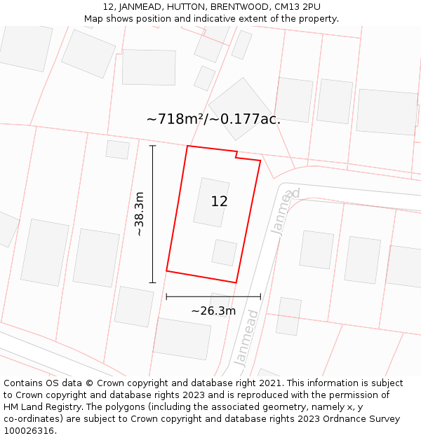 12, JANMEAD, HUTTON, BRENTWOOD, CM13 2PU: Plot and title map
