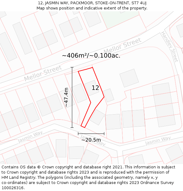 12, JASMIN WAY, PACKMOOR, STOKE-ON-TRENT, ST7 4UJ: Plot and title map