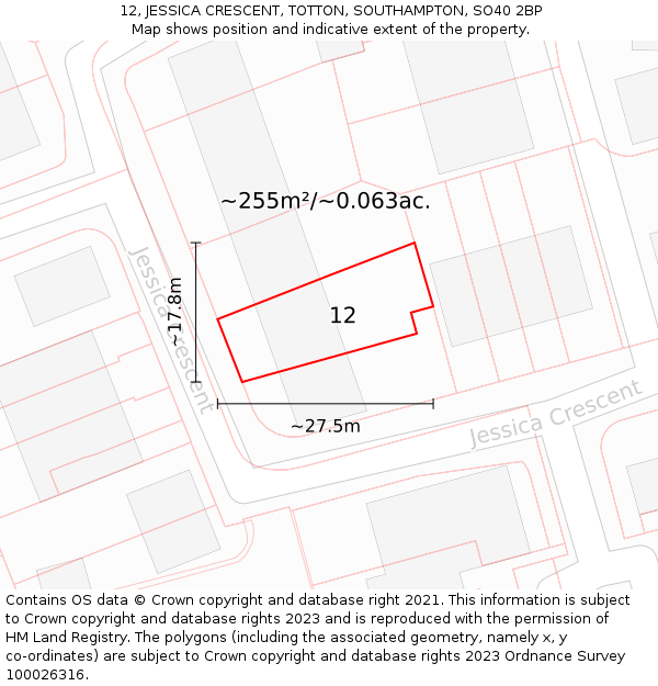 12, JESSICA CRESCENT, TOTTON, SOUTHAMPTON, SO40 2BP: Plot and title map