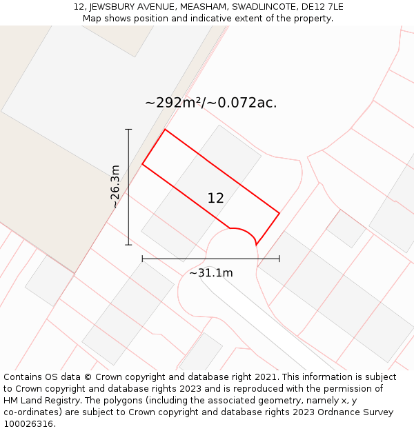 12, JEWSBURY AVENUE, MEASHAM, SWADLINCOTE, DE12 7LE: Plot and title map