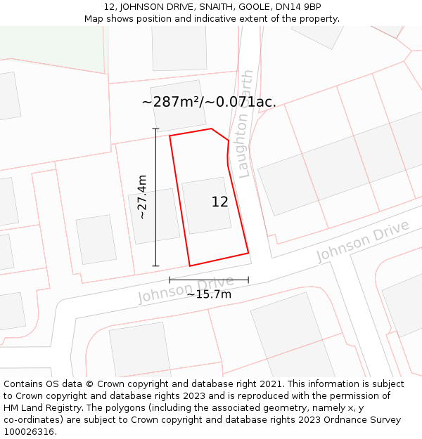 12, JOHNSON DRIVE, SNAITH, GOOLE, DN14 9BP: Plot and title map