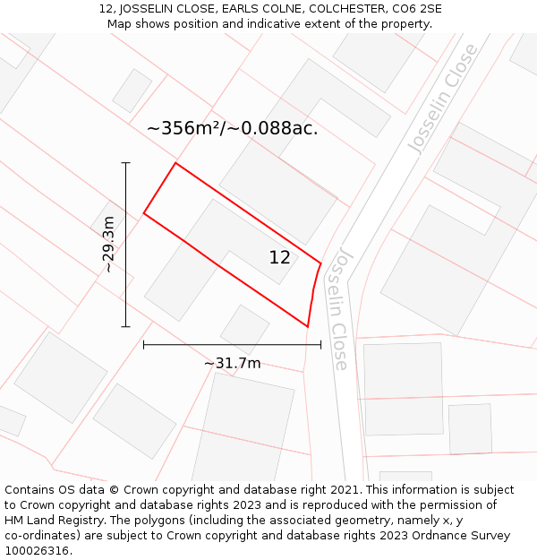 12, JOSSELIN CLOSE, EARLS COLNE, COLCHESTER, CO6 2SE: Plot and title map