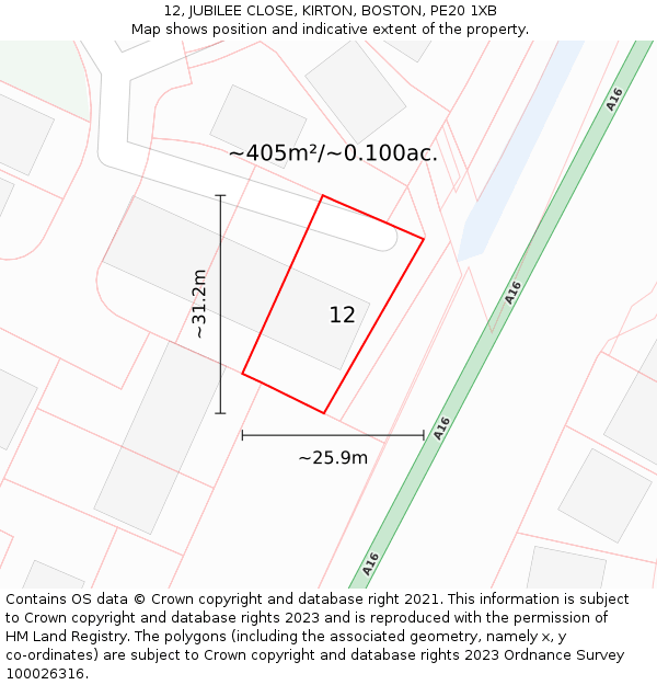 12, JUBILEE CLOSE, KIRTON, BOSTON, PE20 1XB: Plot and title map