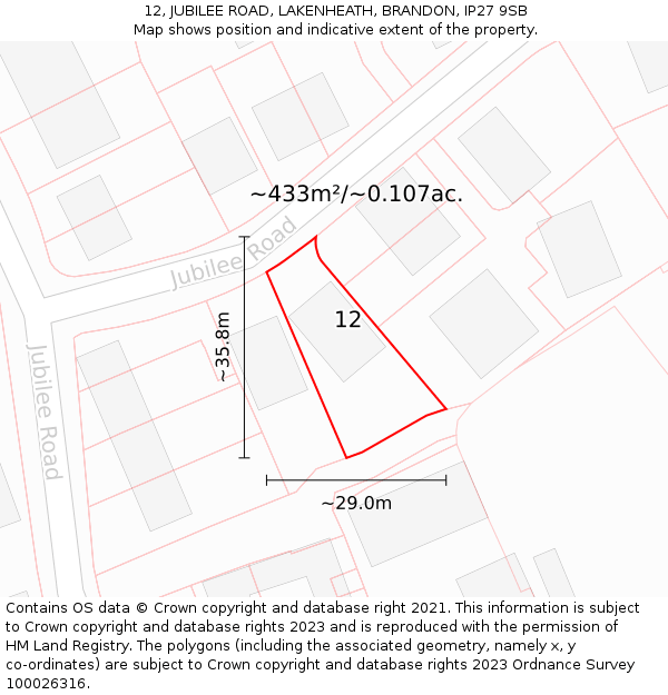 12, JUBILEE ROAD, LAKENHEATH, BRANDON, IP27 9SB: Plot and title map