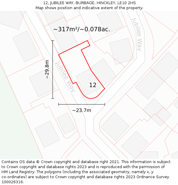 12, JUBILEE WAY, BURBAGE, HINCKLEY, LE10 2HS: Plot and title map