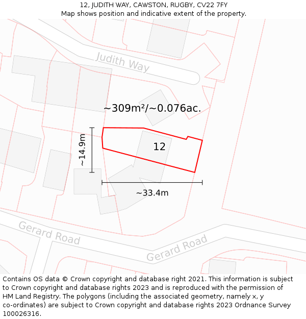 12, JUDITH WAY, CAWSTON, RUGBY, CV22 7FY: Plot and title map