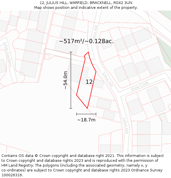 12, JULIUS HILL, WARFIELD, BRACKNELL, RG42 3UN: Plot and title map