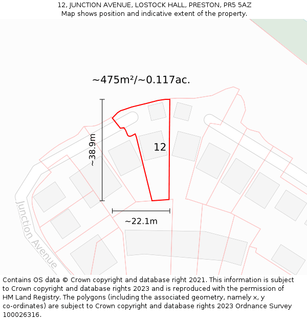 12, JUNCTION AVENUE, LOSTOCK HALL, PRESTON, PR5 5AZ: Plot and title map