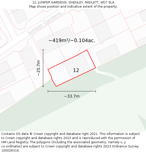 12, JUNIPER GARDENS, SHENLEY, RADLETT, WD7 9LA: Plot and title map