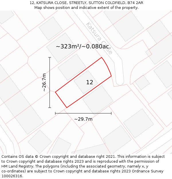 12, KATSURA CLOSE, STREETLY, SUTTON COLDFIELD, B74 2AR: Plot and title map