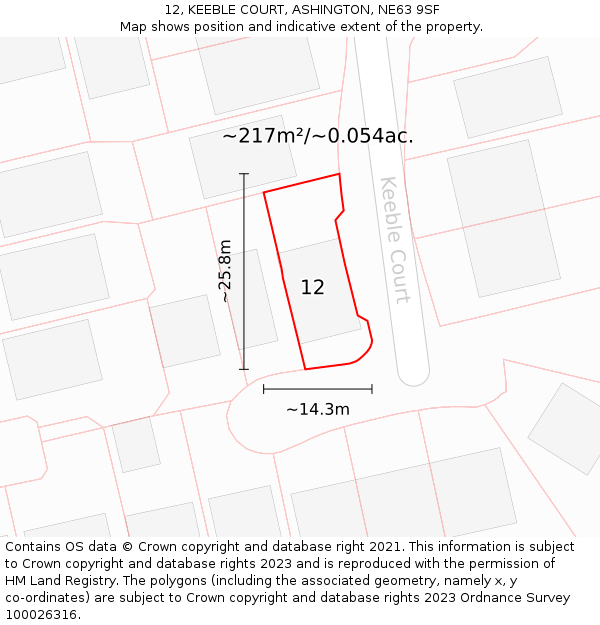 12, KEEBLE COURT, ASHINGTON, NE63 9SF: Plot and title map