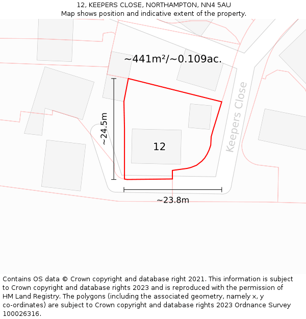 12, KEEPERS CLOSE, NORTHAMPTON, NN4 5AU: Plot and title map